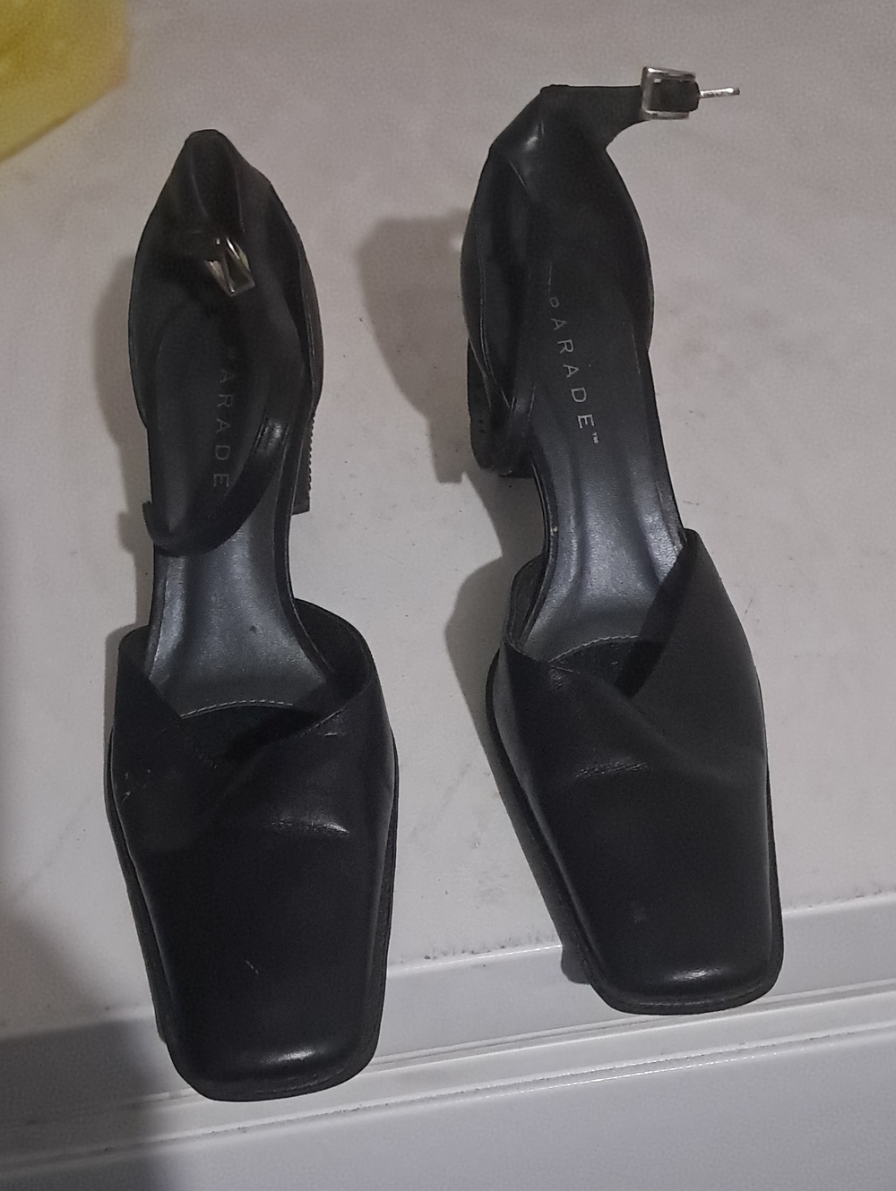 Black Square-Toe Ankle Strap Heels